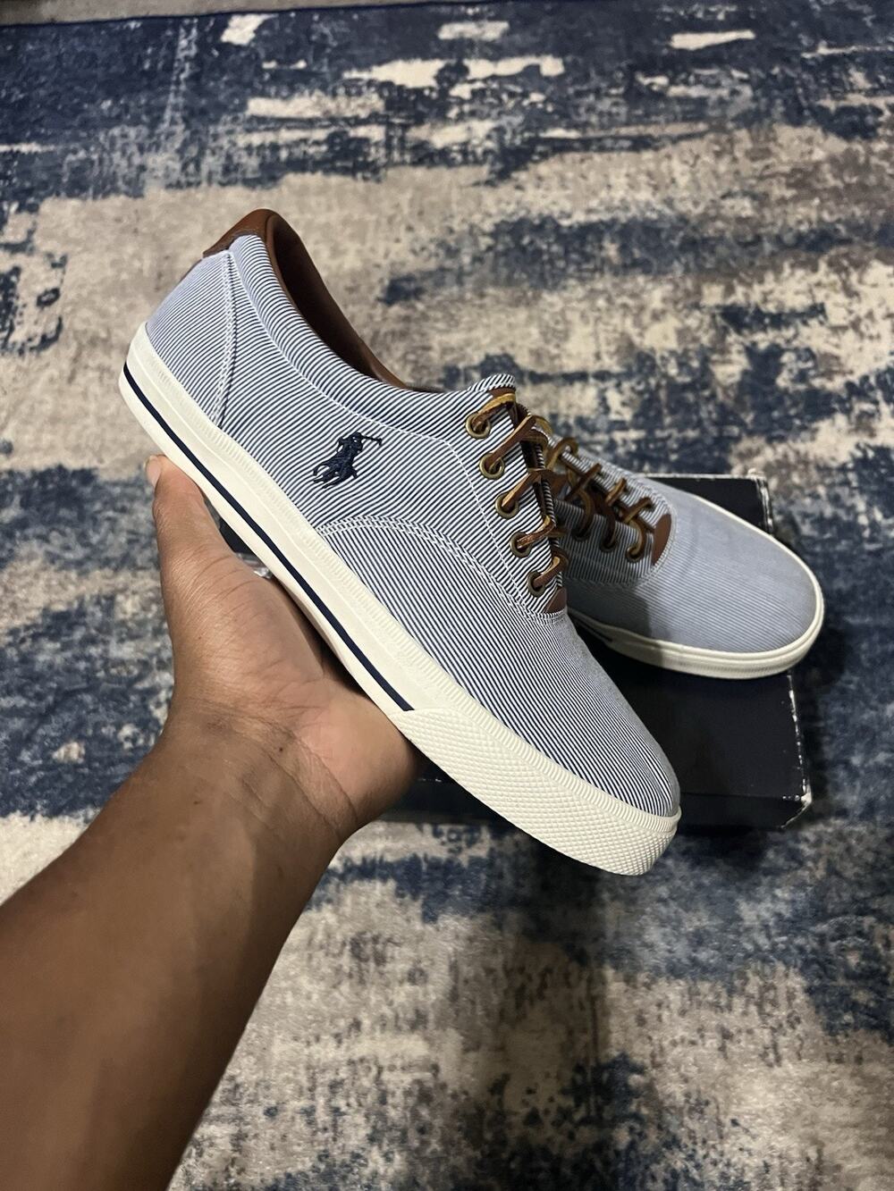 Size 10.5- VTG Polo By Ralph Lauren Vaughn Stripe Canvas Shoes Mens Comfort Blue